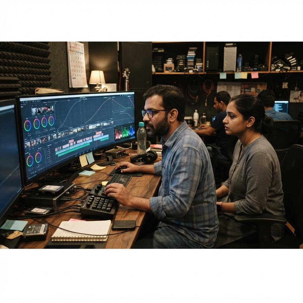 Indictron studio setup with editors at work on video editing console